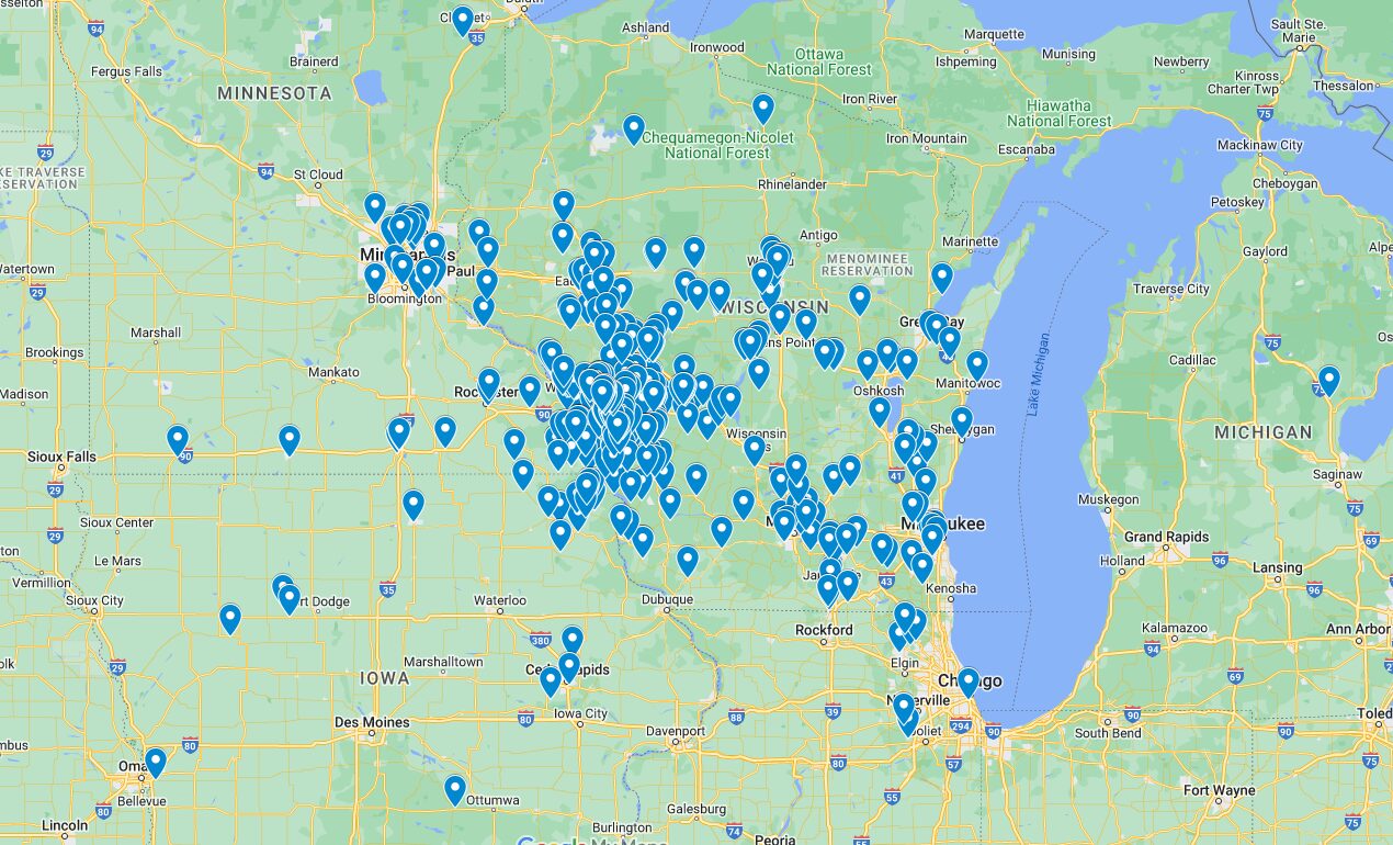 Map displaying ticket sales locations for Big River Rally across the Midwest, with markers showing significant concentrations in Wisconsin, Minnesota, Iowa, Illinois, and Michigan.