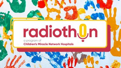 a logo with colorful hand prints