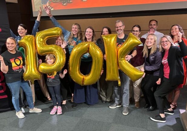 Group celebrating 150K milestone achievement.